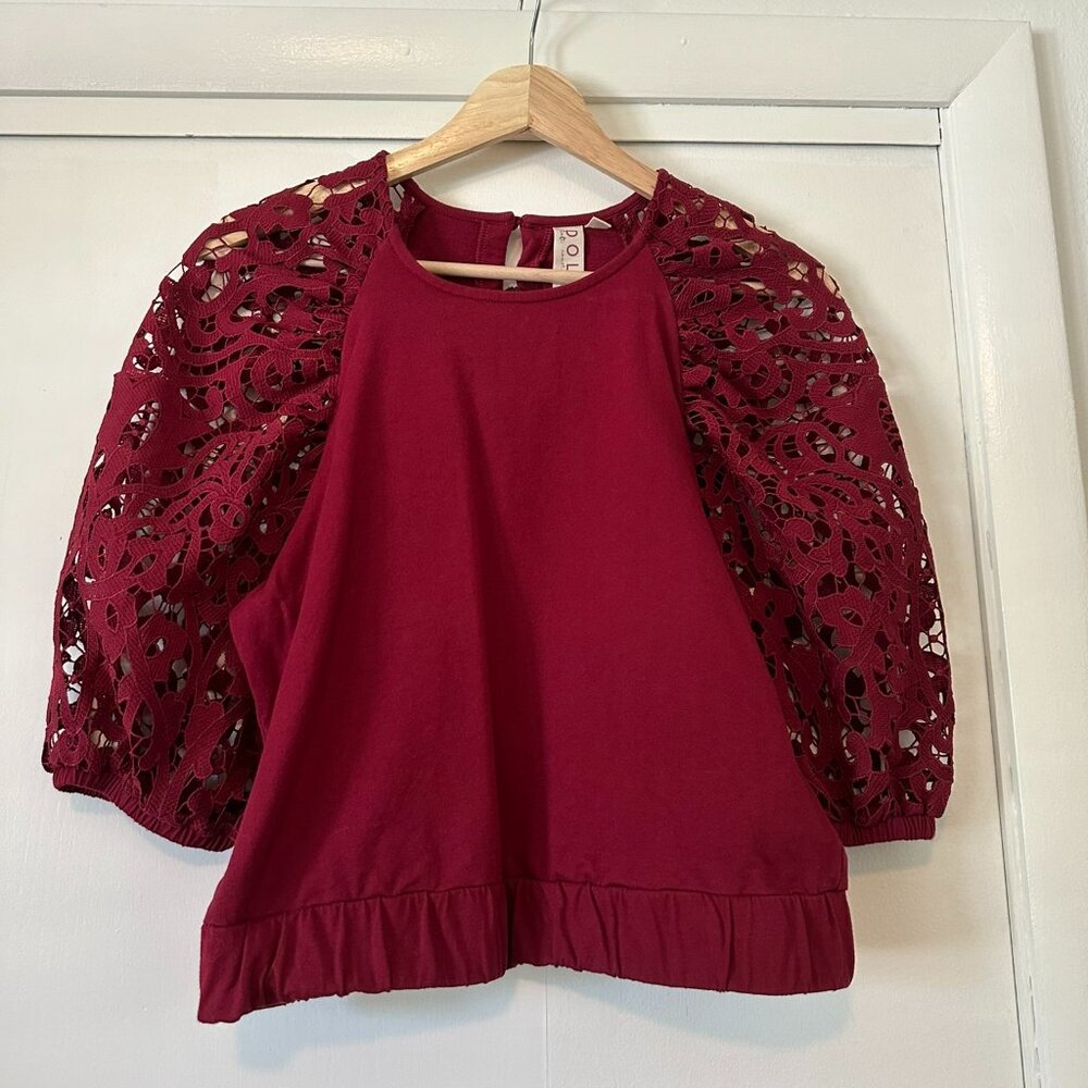 Anthropologie Dolan Puff Sleeved Lace Burgundy Top Small